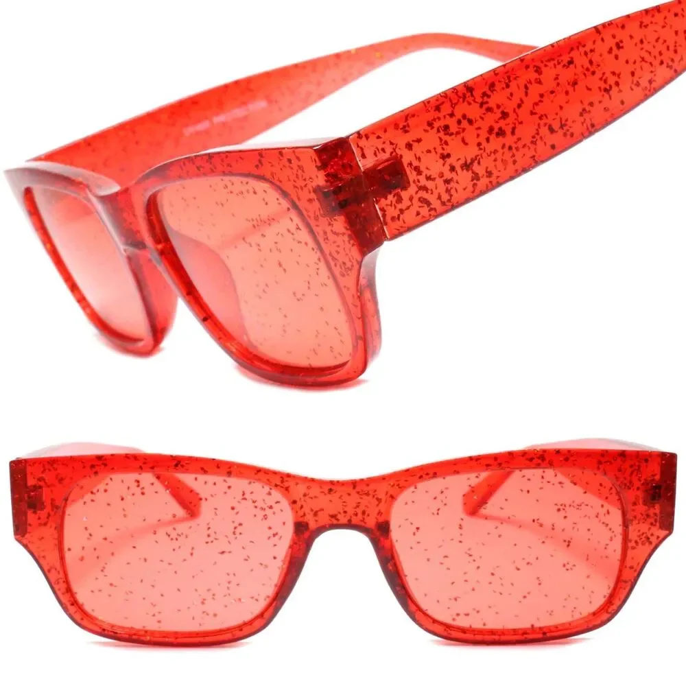 Red Glitter Rectangle Sunglasses Sparkle Crystal Frame